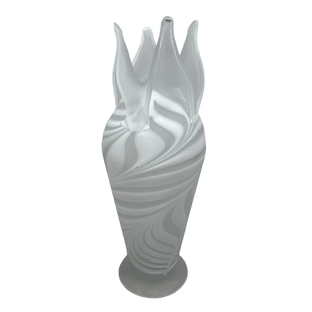 Essie E Zareh White Frosted Art Glass Swirl Vase Baijan Pulled Rim 11